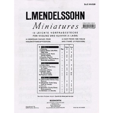 Mendelssohn: 15 Miniatures For Violin And Piano Vo