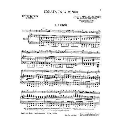 Henry Eccles: Sonata In G Minor For Cello And Piano