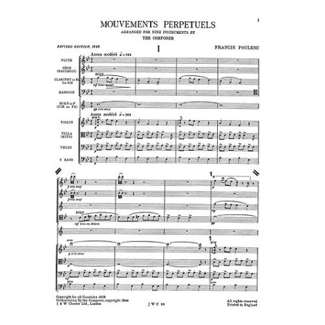 Francis Poulenc: Mouvements Perpetuels For 9 Instruments - Score