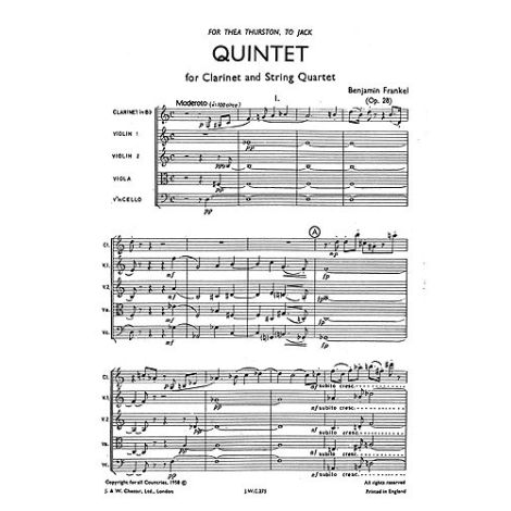 Benjamin Frankel: Quintet For Clarinet And String Quartet Op.28 (Score)