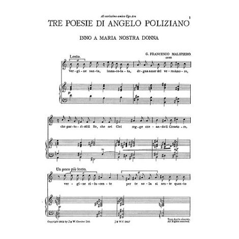 Malipiero: Three Poesie Di Angelo Poliziano for High Voice with Piano acc.