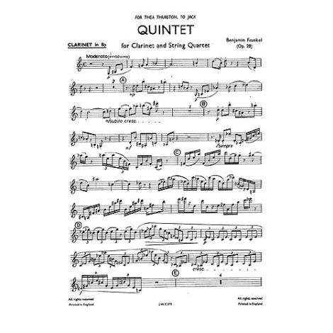 Benjamin Frankel: Quintet For Clarinet And String Quartet (Parts)