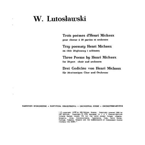 Witold Lutoslawski: Trois Poemes D'henri Michaux (Score)