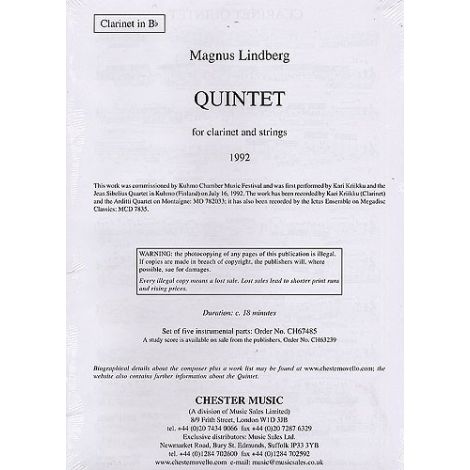 Magnus Lindberg: Quintet For Clarinet And Strings (Parts)